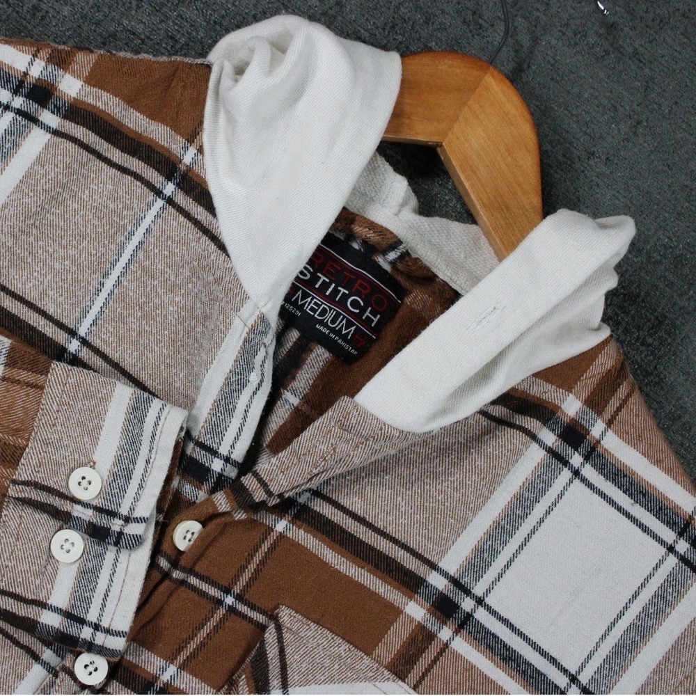 Retro Stitch Mens Hooded Flannel Shirt Brown White Plaid Long Sleeve Size Medium
